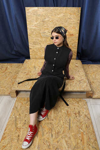 Düğmeli Yelek Kot Siyah - 7