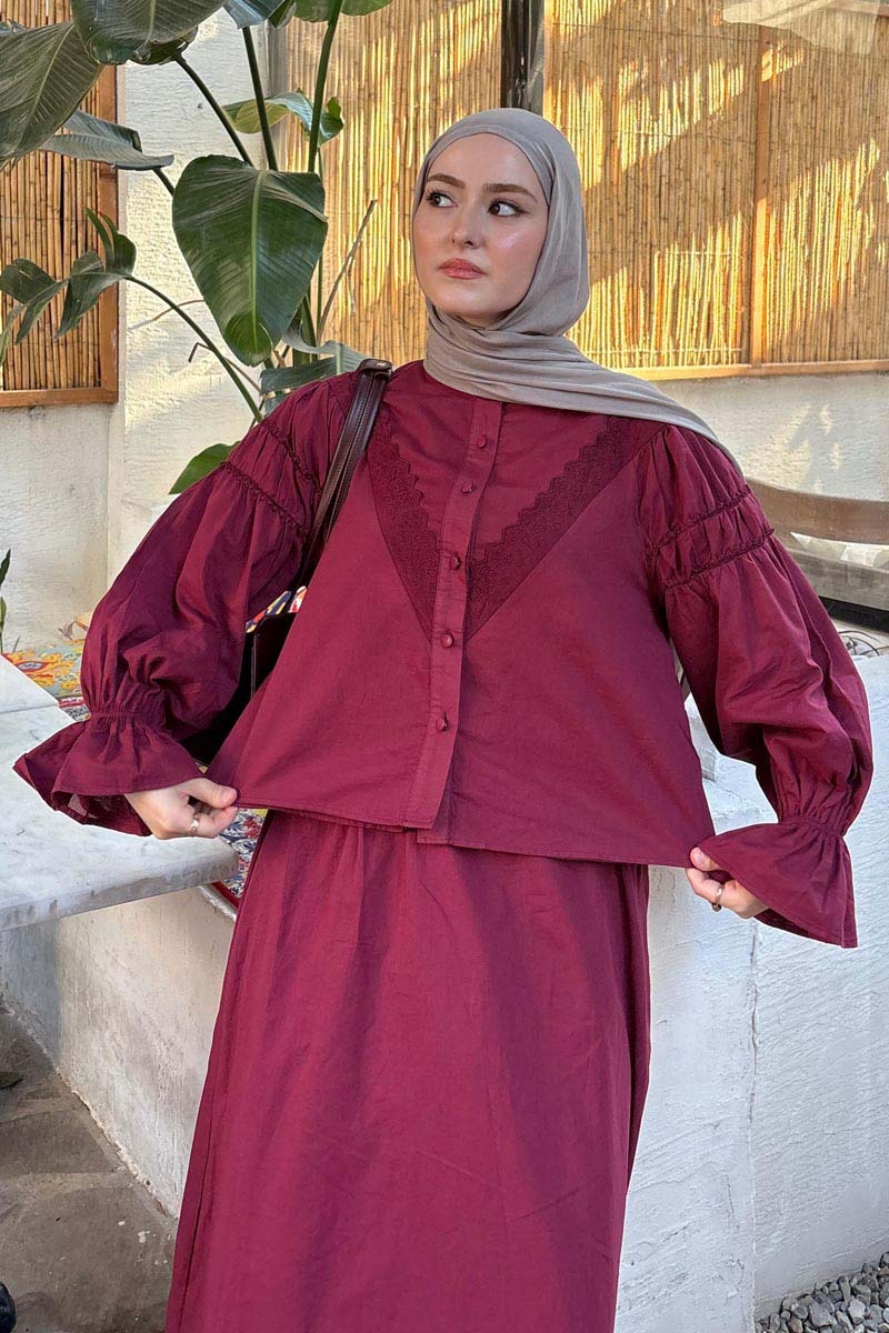 Duru Dantelli Gömlek Bordo