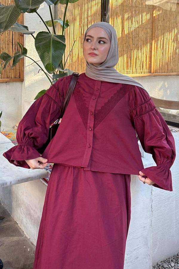 Duru Dantelli Gömlek Bordo