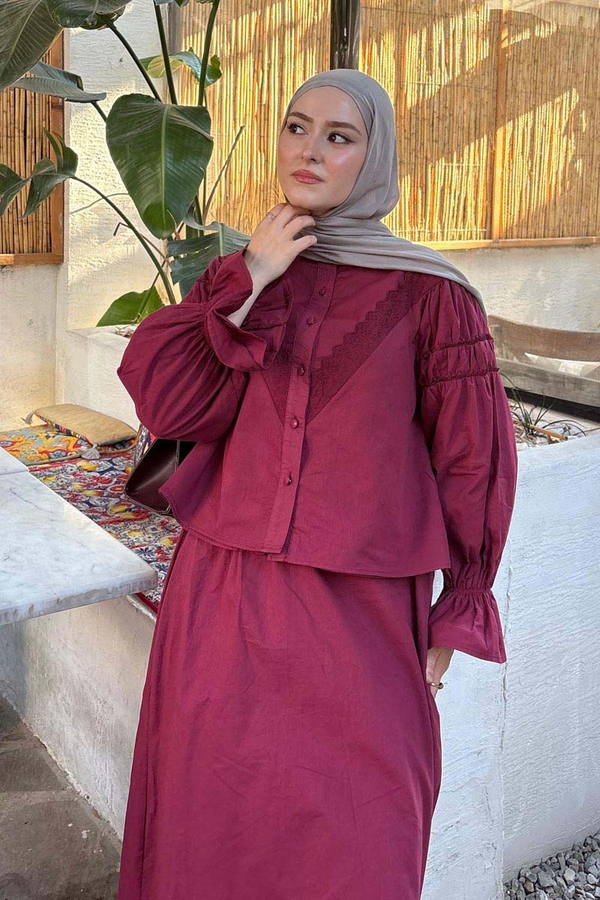 Duru Dantelli Gömlek Bordo - 2