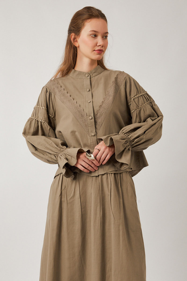 Duru Dantelli Gömlek Vizon - 12