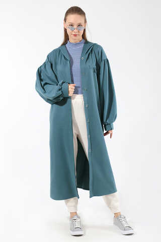 Düşük Balon Kol Kapüşonlu Tunik İndigo - 1