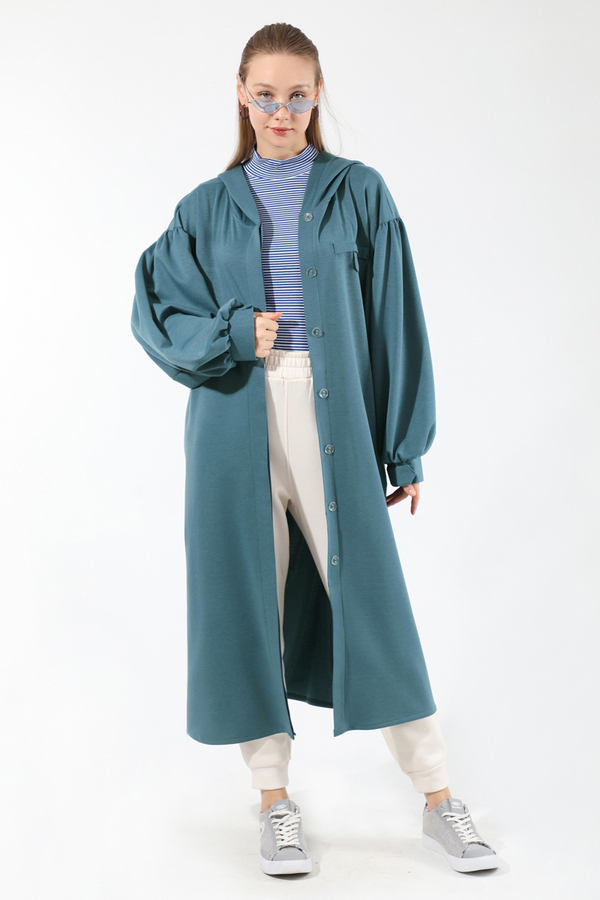 Düşük Balon Kol Kapüşonlu Tunik İndigo - 1