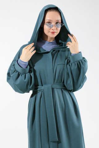 Düşük Balon Kol Kapüşonlu Tunik İndigo - 2