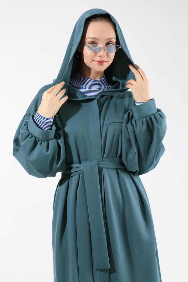 Düşük Balon Kol Kapüşonlu Tunik İndigo - 2