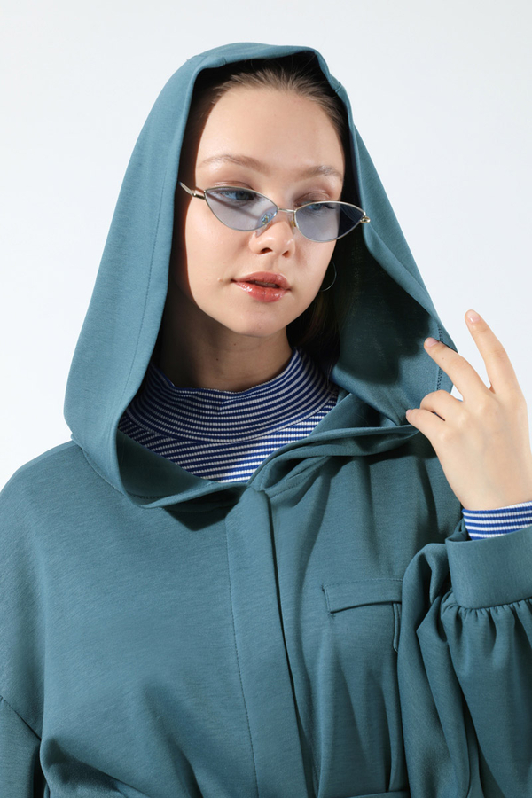 Düşük Balon Kol Kapüşonlu Tunik İndigo - 4