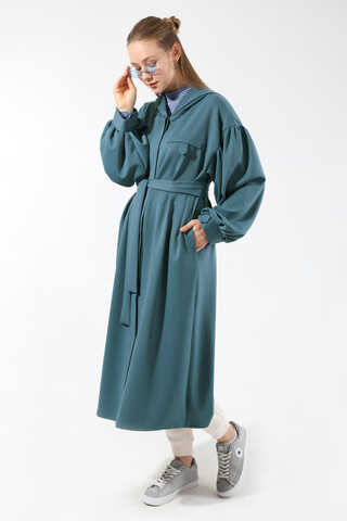 Düşük Balon Kol Kapüşonlu Tunik İndigo - 5