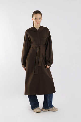 Düşük Balon Kol Kapüşonlu Tunik Kahve - 1