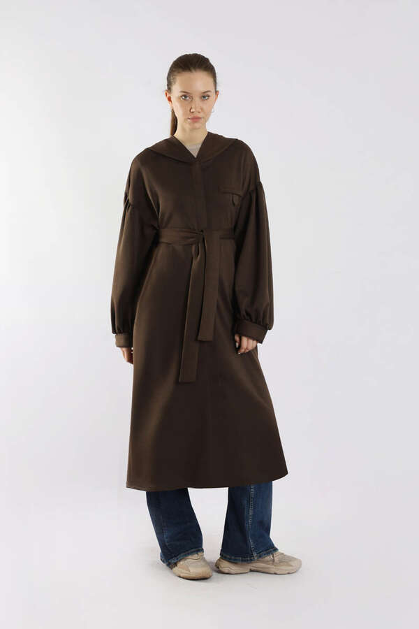 Düşük Balon Kol Kapüşonlu Tunik Kahve 