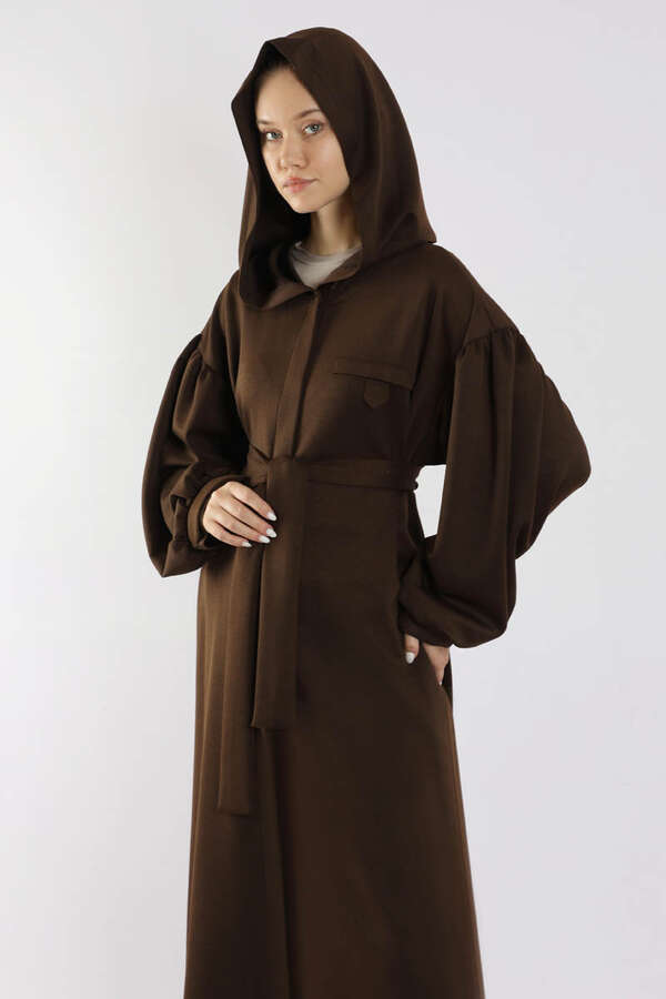 Düşük Balon Kol Kapüşonlu Tunik Kahve - 2