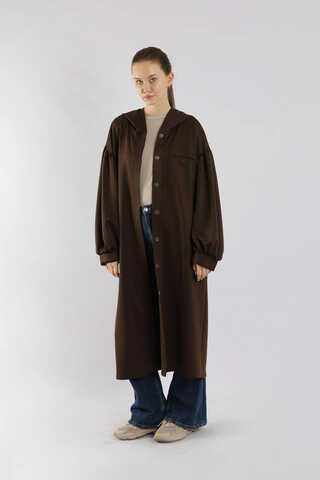 Düşük Balon Kol Kapüşonlu Tunik Kahve - 3