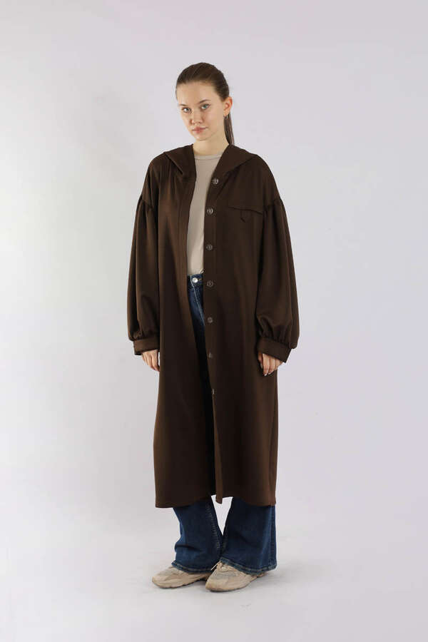 Düşük Balon Kol Kapüşonlu Tunik Kahve - 3