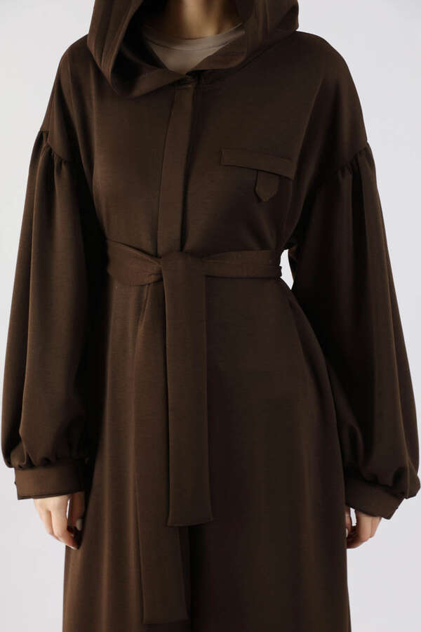 Düşük Balon Kol Kapüşonlu Tunik Kahve - 4