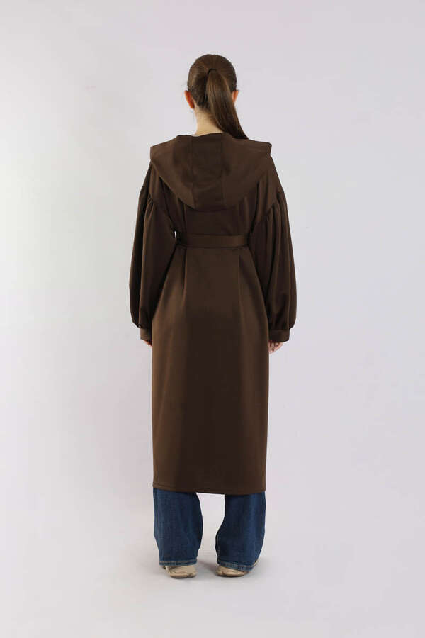 Düşük Balon Kol Kapüşonlu Tunik Kahve - 6