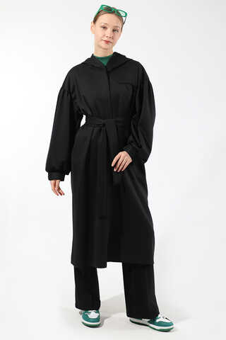 Düşük Balon Kol Kapüşonlu Tunik Siyah - 1