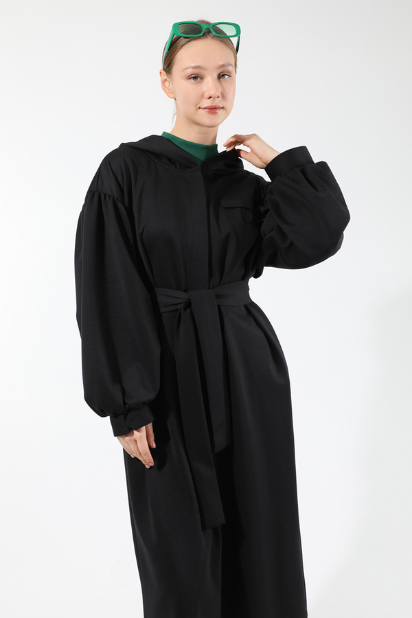 Düşük Balon Kol Kapüşonlu Tunik Siyah - 2