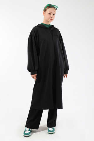 Düşük Balon Kol Kapüşonlu Tunik Siyah - 3