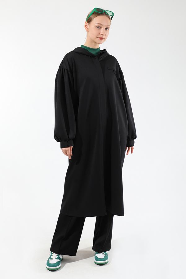 Düşük Balon Kol Kapüşonlu Tunik Siyah - 3