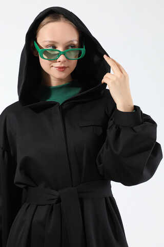 Düşük Balon Kol Kapüşonlu Tunik Siyah - 4