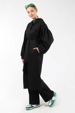 Düşük Balon Kol Kapüşonlu Tunik Siyah - 5
