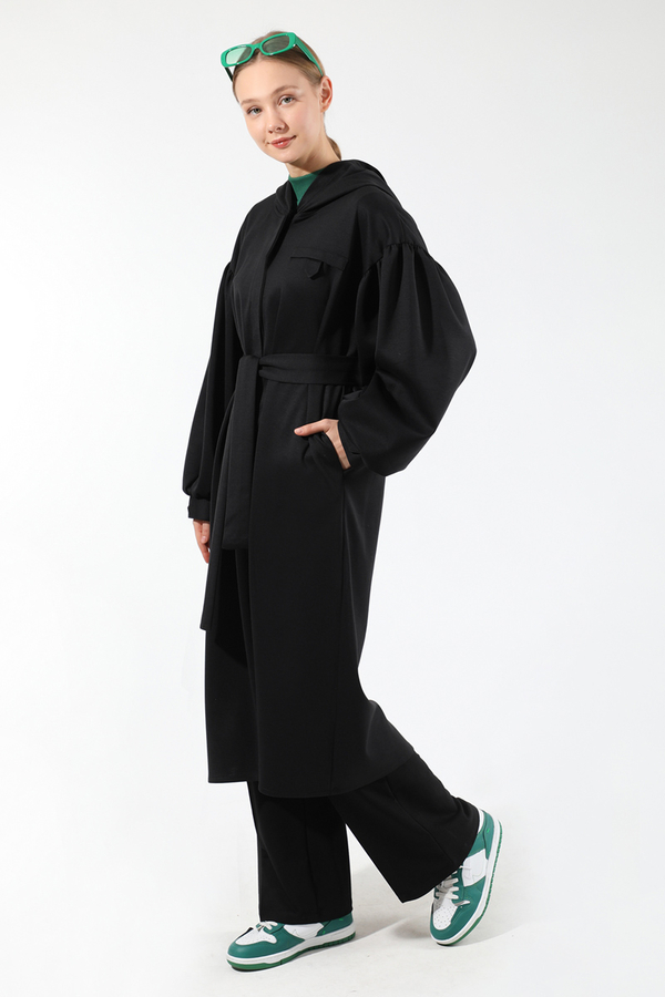 Düşük Balon Kol Kapüşonlu Tunik Siyah - 5