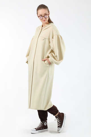 Düşük Balon Kol Kapüşonlu Tunik Taş - 1