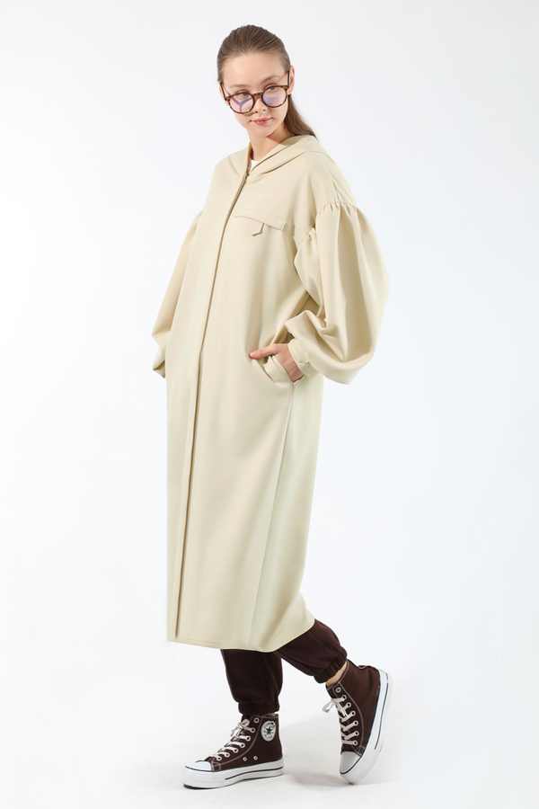 Düşük Balon Kol Kapüşonlu Tunik Taş 