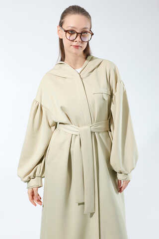 Düşük Balon Kol Kapüşonlu Tunik Taş - 2