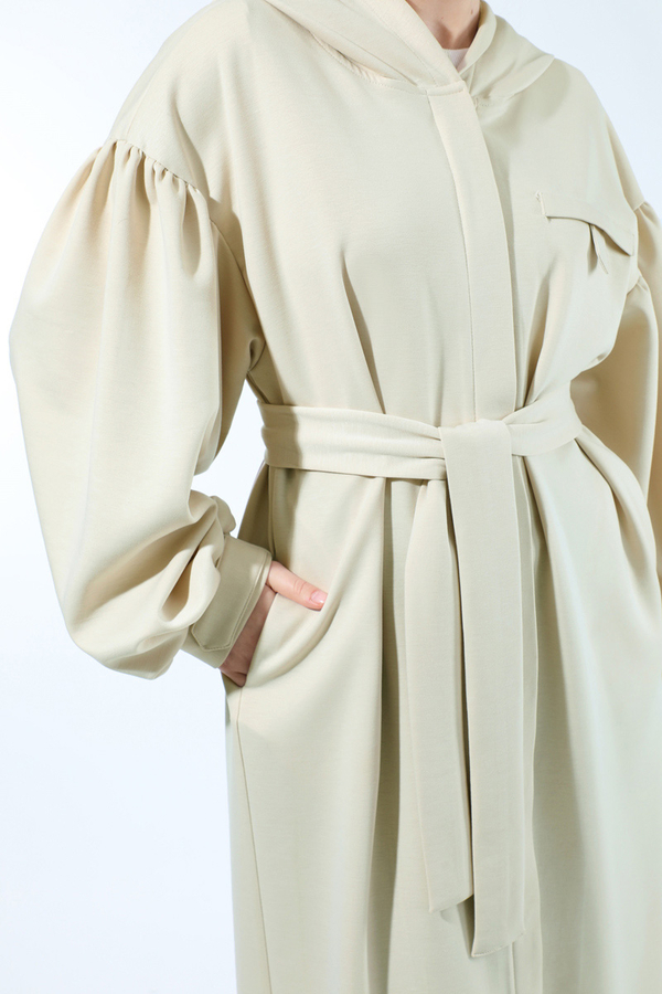 Düşük Balon Kol Kapüşonlu Tunik Taş - 4