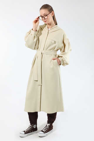 Düşük Balon Kol Kapüşonlu Tunik Taş - 5