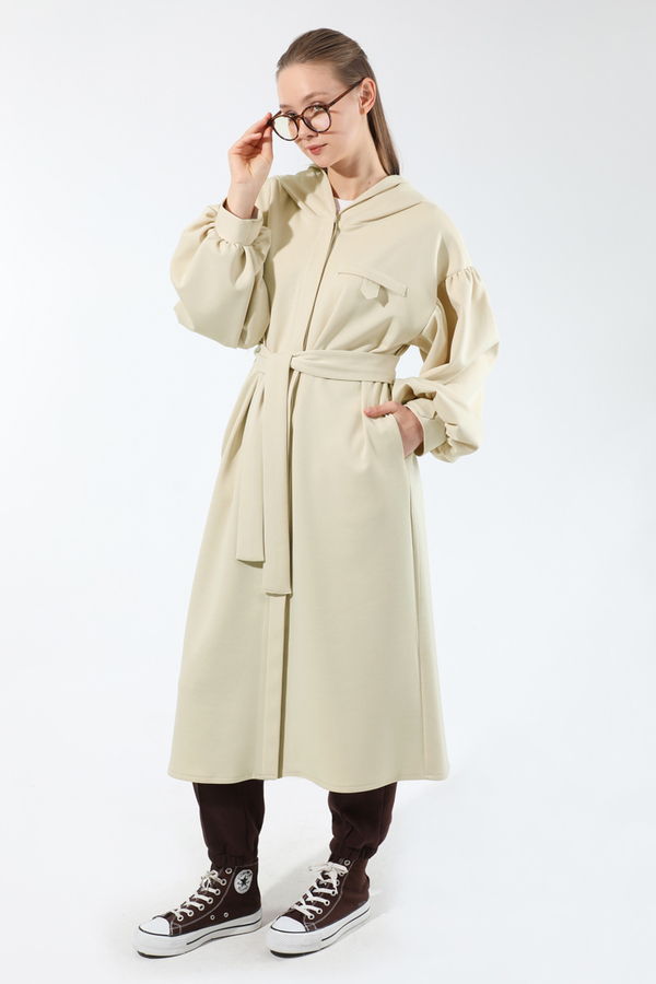 Düşük Balon Kol Kapüşonlu Tunik Taş - 5