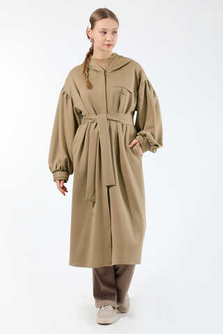 Düşük Balon Kol Kapüşonlu Tunik Vizon - 1