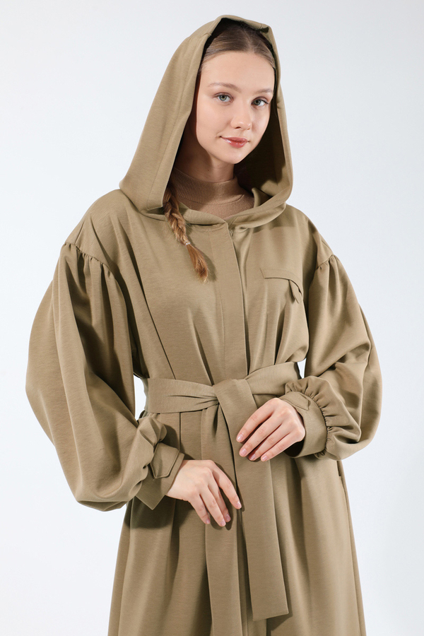 Düşük Balon Kol Kapüşonlu Tunik Vizon - 2