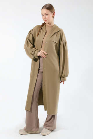 Düşük Balon Kol Kapüşonlu Tunik Vizon - 3