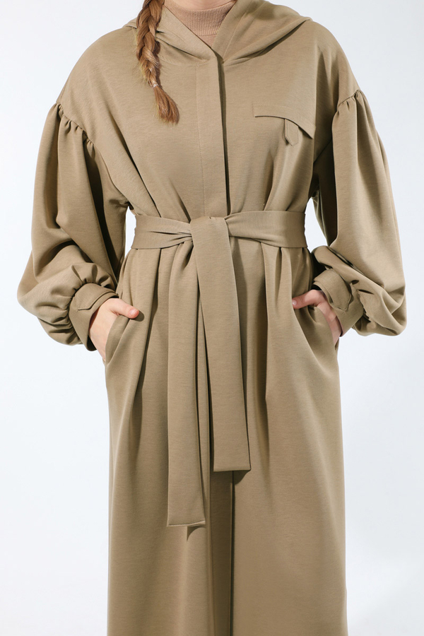 Düşük Balon Kol Kapüşonlu Tunik Vizon - 4