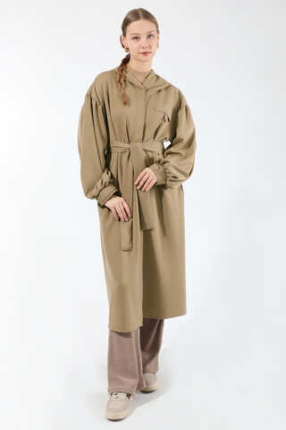 Düşük Balon Kol Kapüşonlu Tunik Vizon - 5