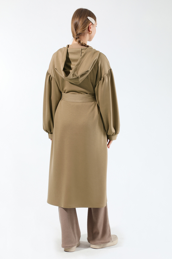 Düşük Balon Kol Kapüşonlu Tunik Vizon - 6