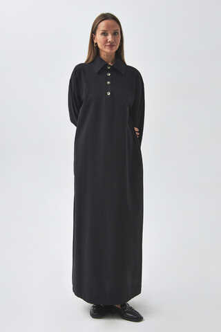 Düşük Kol Düğmeli Elbise Siyah - 5