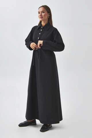 Düşük Kol Düğmeli Elbise Siyah - 8