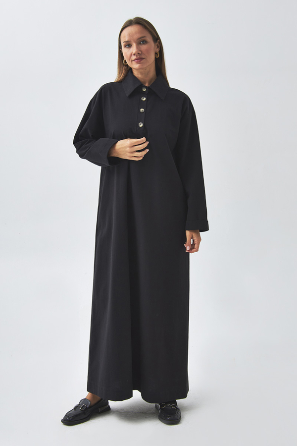 Düşük Kol Düğmeli Elbise Siyah - 2