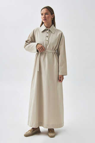 Düşük Kol Düğmeli Elbise Taş - 4