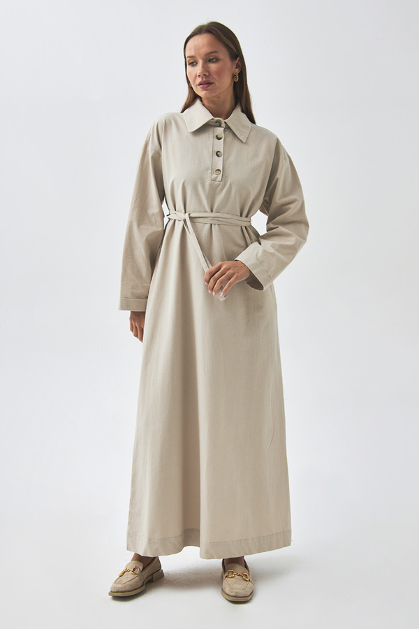 Düşük Kol Düğmeli Elbise Taş - 7