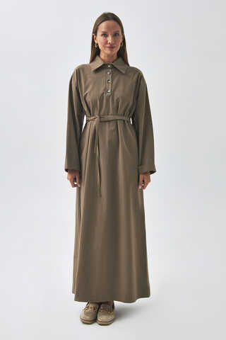 Düşük Kol Düğmeli Elbise Toprak - 1