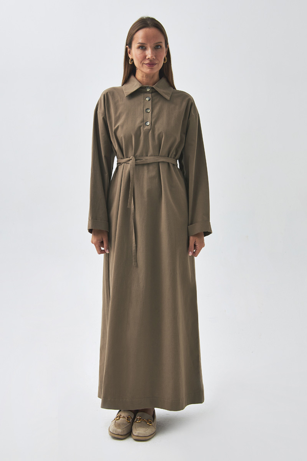 Düşük Kol Düğmeli Elbise Toprak - 1