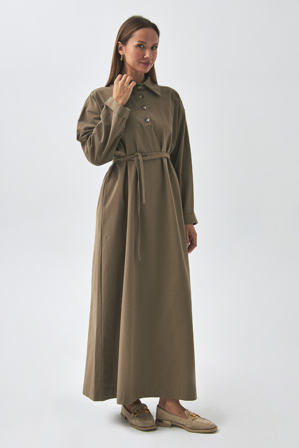 Düşük Kol Düğmeli Elbise Toprak - 8