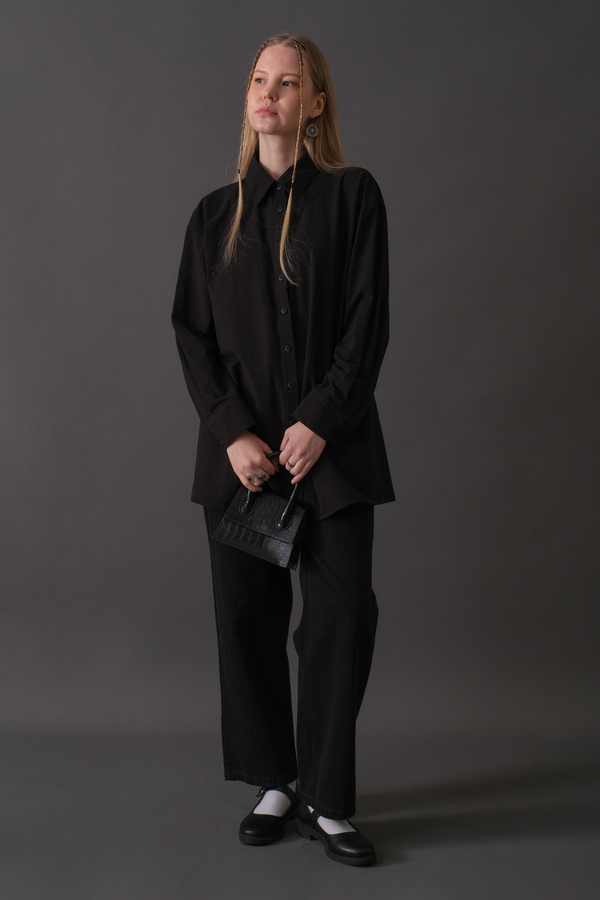 Düşük Kol Düğmeli Gömlek Siyah (1)