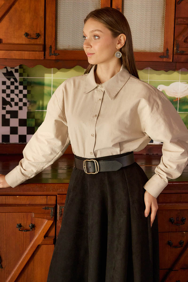 Düşük Kol Düğmeli Gömlek Taş - 1