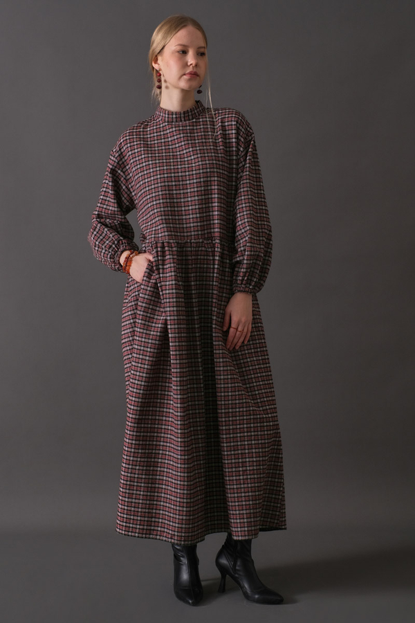 Düşük Kol Ekose Desenli Elbise Bordo - 3