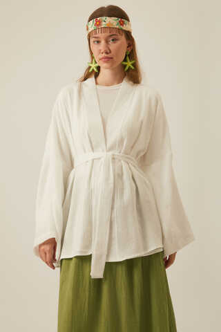 Düşük Kol Kimono Beyaz - 6