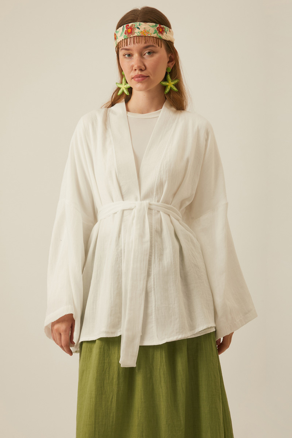 Düşük Kol Kimono Beyaz - 6